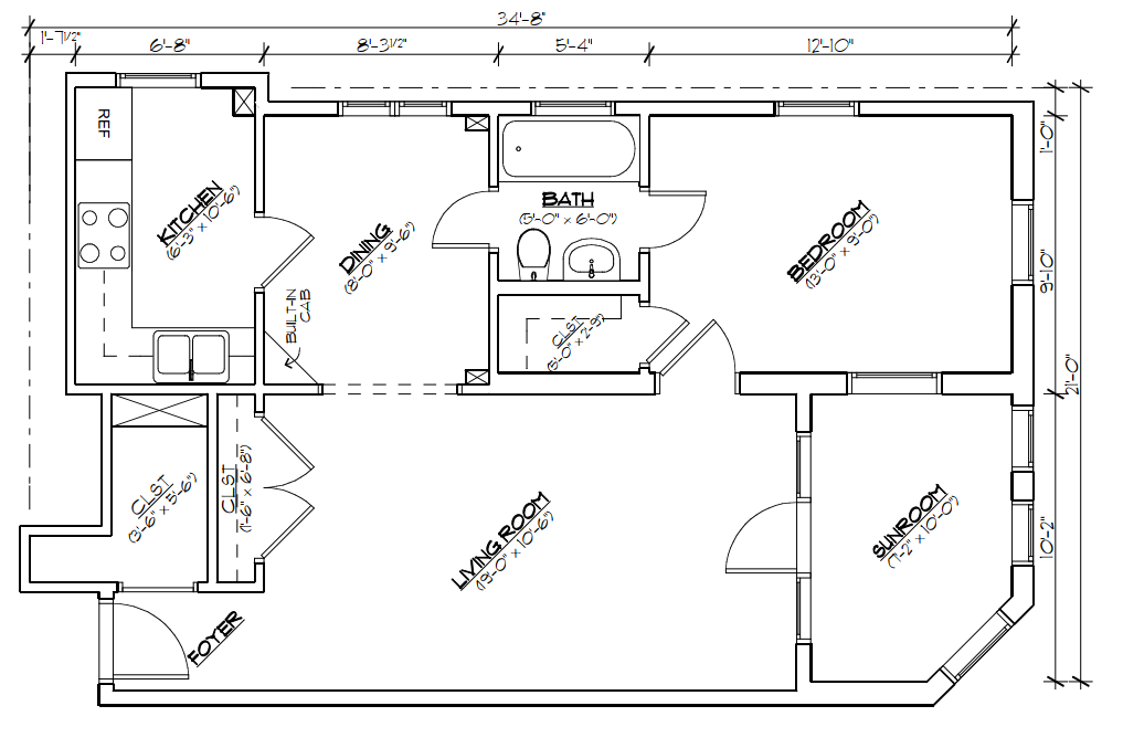 Floor plan for 1 bed, 1 bath, 656 sqft